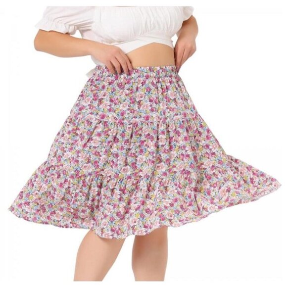 4X - Agnes Orinda Womens Elastic High Waist Ruffle Hem Pleated Midi Skirt - Pink - Picture 1 of 4